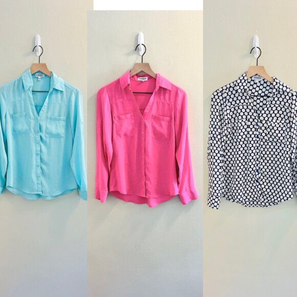 Express Tops - Express Portofino Shirt Bundle Womens Size XS Chiffon Button Down Teal Pink Blue
